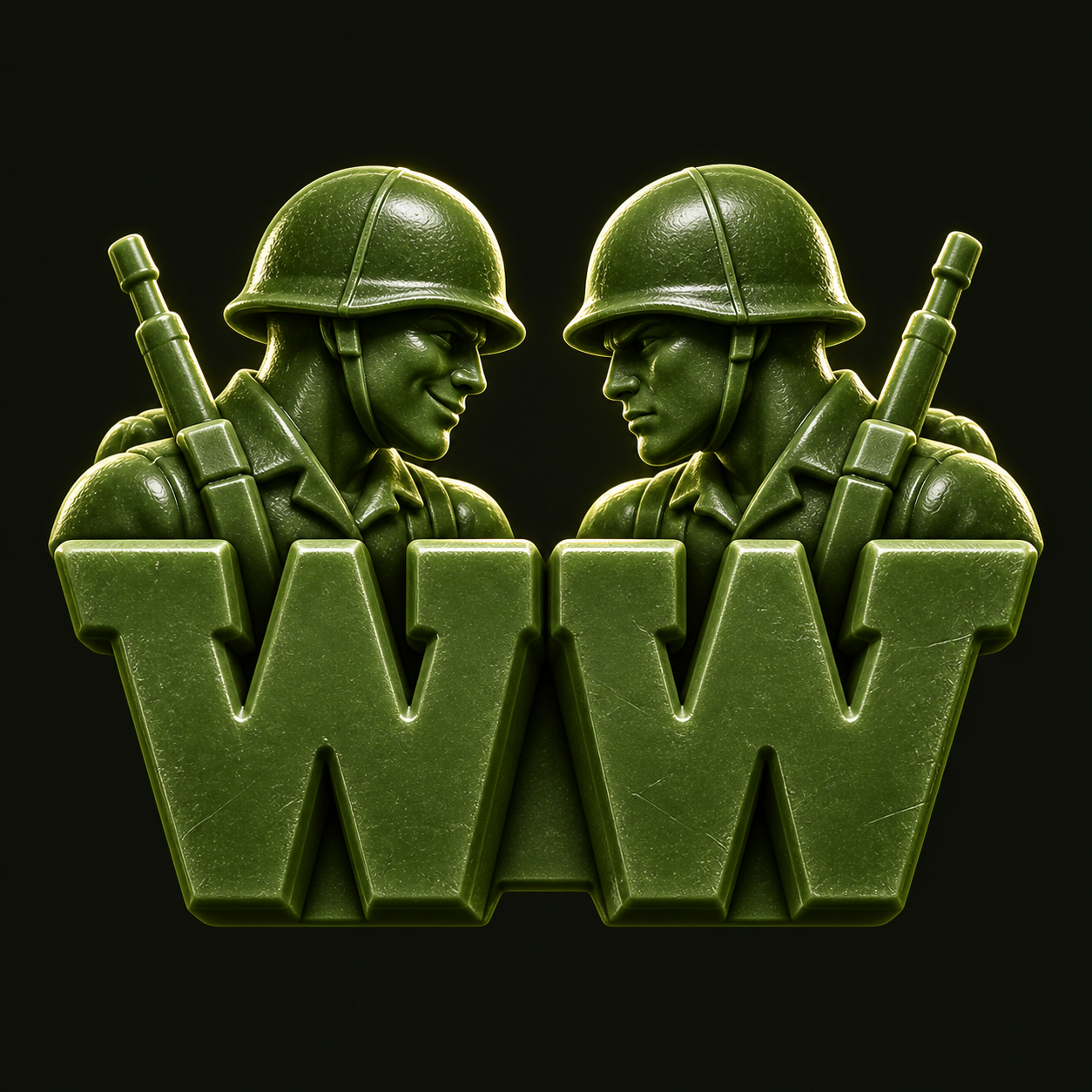 Two green plastic soldiers standing behind the WW letters